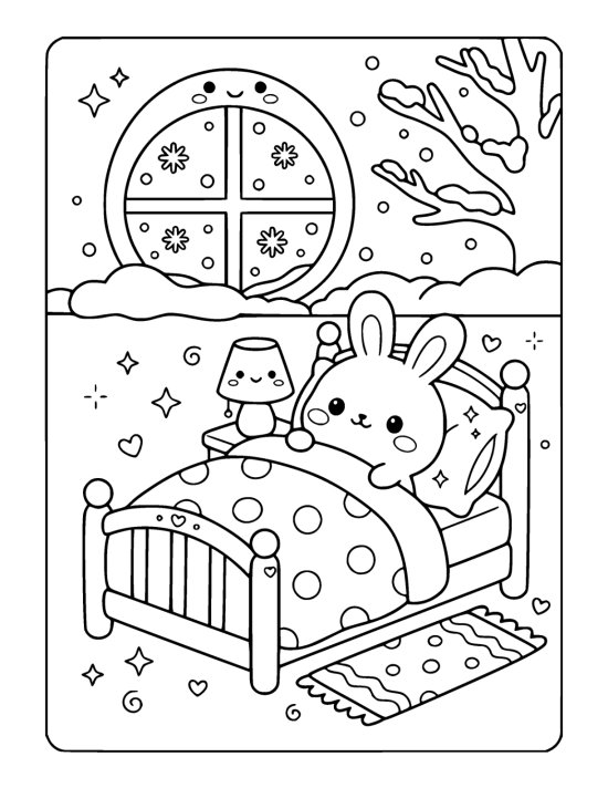 A chibi bunny tucked up in bed under a thick polka dot quilt with a frosty window above on a coloring sheet