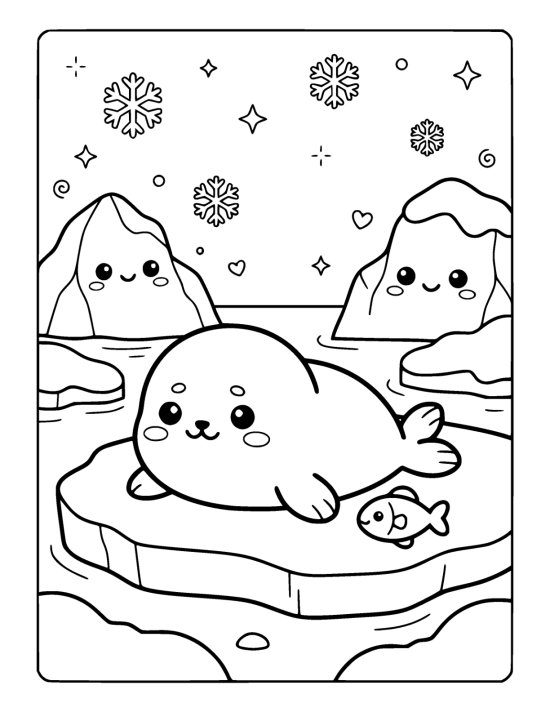 A chibi seal pup lying on a block of ice with a little fish beside it and two icebergs behind on a coloring page