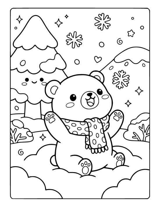 A chibi bear cub in a scarf sitting in deep snow with its head tipped back catching snowflakes on a coloring sheet