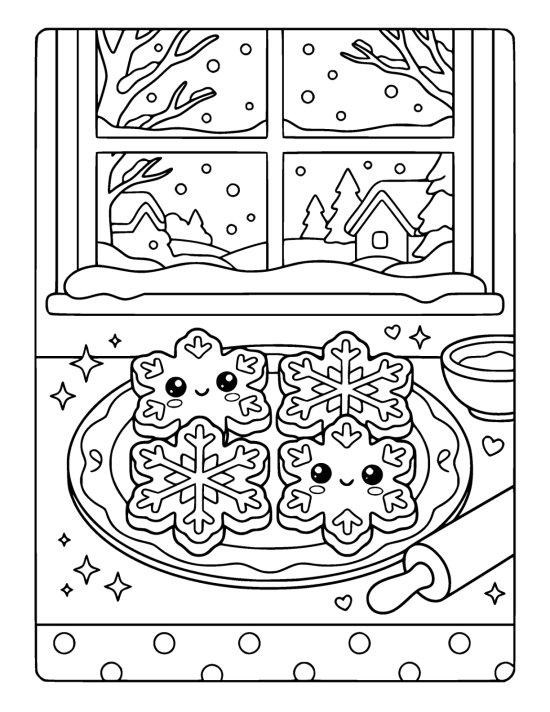 A plate of thick iced snowflake cookies with cute faces beside a rolling pin at a frosty window on a coloring page