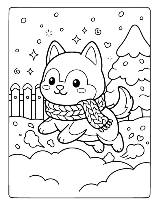A chibi husky puppy in a knitted scarf bounding through a deep snow drift with snow puffs flying on a coloring sheet