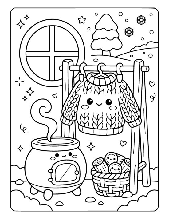 A chunky knitted jumper with a cute face drying on a clothes horse beside a little pot bellied stove on a coloring page