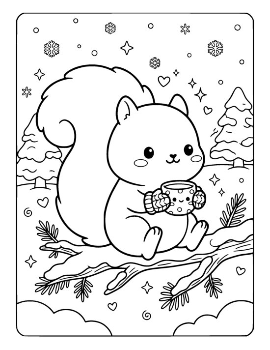 A chibi squirrel in tiny mittens holding a little cup while sitting on a snow covered branch on a coloring sheet