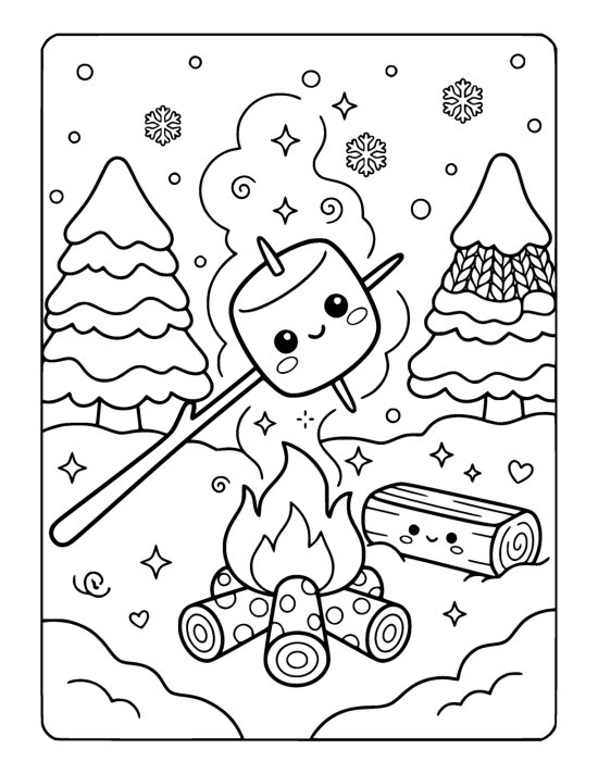 A plump marshmallow with a cute face on a stick held over a small campfire of logs in the snow on a coloring page
