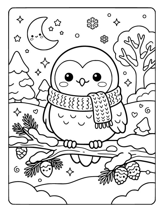 A chibi snowy owlet in a knitted scarf perched on a snow covered branch under a crescent moon on a coloring sheet
