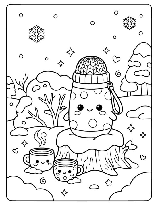 A round thermos flask with a cute face and polka dots on a snowy tree stump with two steaming cups on a coloring page