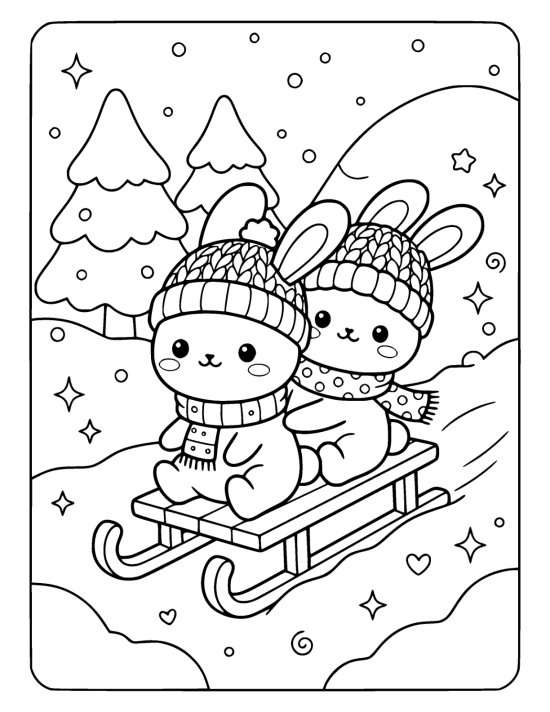 Two chibi bunnies in knitted hats riding a little wooden sled down a snowy slope on a coloring sheet