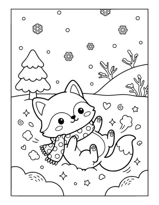 A chibi fox kit rolling on its back in soft snow with all four paws in the air on a coloring sheet