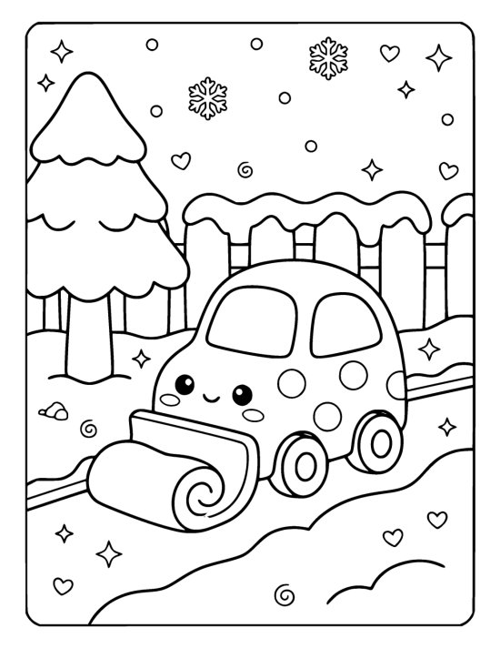 A little snow plough with a cute face and polka dots pushing a curl of snow along a garden path on a coloring page