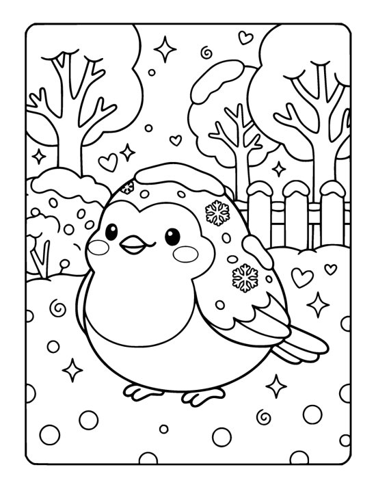 A chibi robin with a very round puffed body standing in snow with big snowflakes landing on it on a coloring sheet