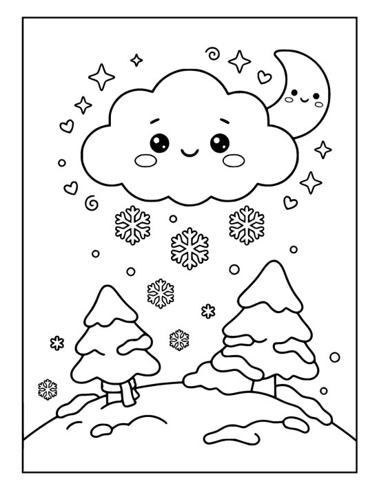 A plump cloud with a sleepy face dropping big snowflakes over a small snowy hill and two fir trees on a coloring page