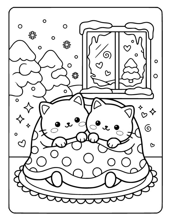 Two chibi kittens peeping out from under one thick polka dot blanket beside a frosty window on a coloring sheet