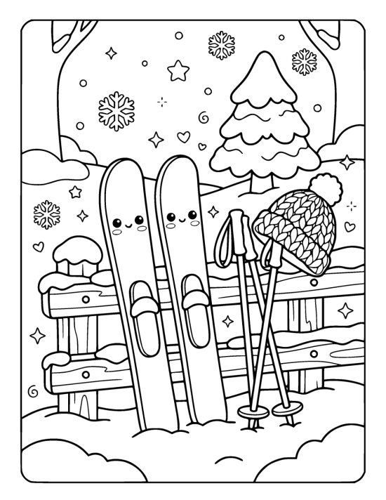A pair of short wooden skis with cute faces and two poles leaning against a snow topped fence on a coloring page