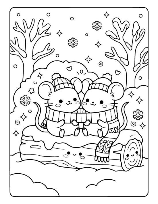 Two tiny chibi mice in knitted hats sharing one long striped scarf on a snow covered log on a coloring sheet