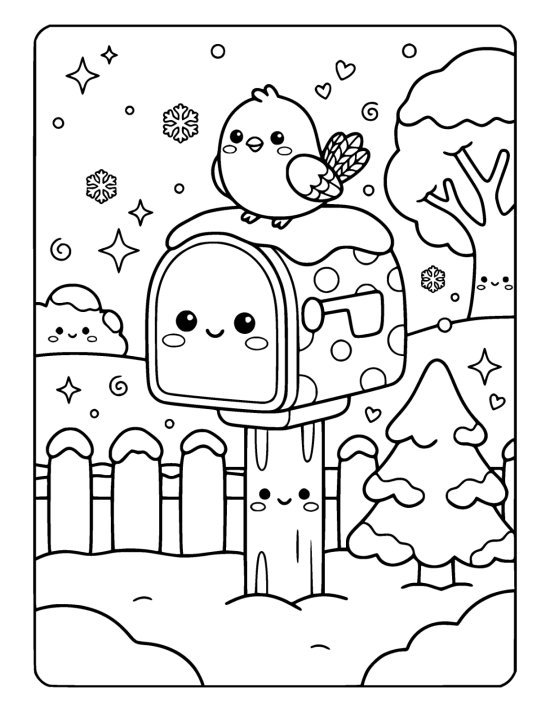 A plump mailbox with a cute face and a cap of snow on its lid with a little bird perched on top on a coloring page