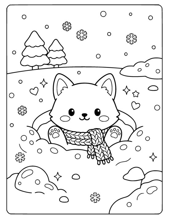 A chibi arctic fox kit peeping out of a round hole in a snow bank with its paws on the edge on a coloring sheet
