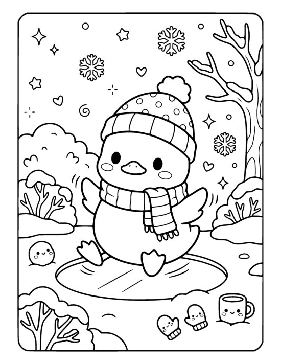 A chibi duckling in a bobble hat and scarf slipping on a small frozen puddle with its feet skidding on a coloring page