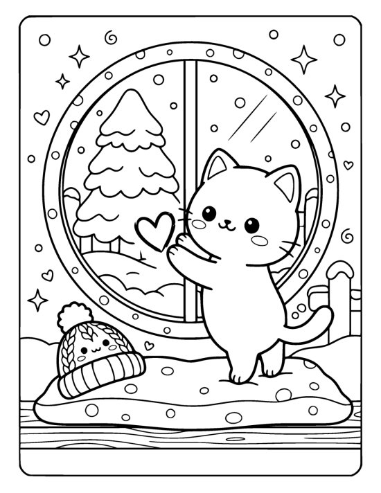 A chibi cat with its paws on a frosty window drawing a heart in the frost with snow falling outside on a coloring page