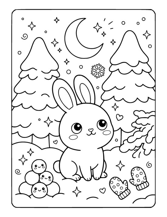 A chibi snow hare with long ears sitting in deep snow looking up at a crescent moon and stars on a coloring sheet