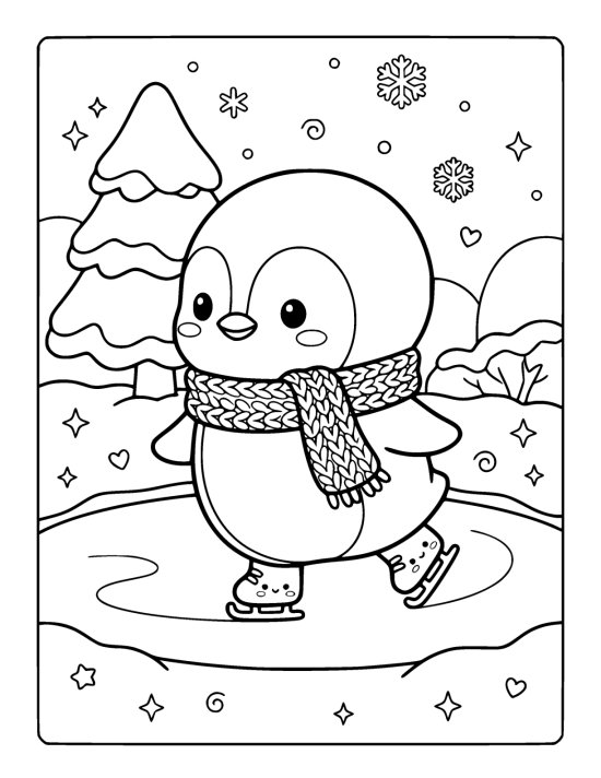 A chibi penguin in a knitted scarf gliding on ice skates across a small frozen pond on a coloring sheet