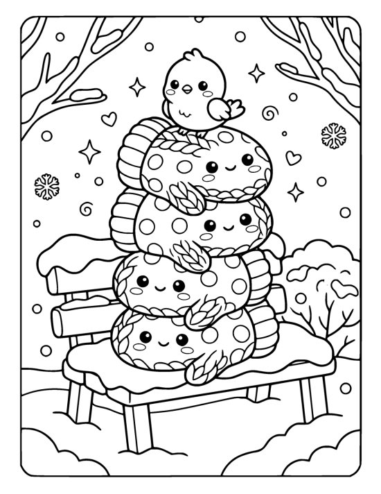 A stack of four plump woolly mittens with cute faces on a snow covered bench with a little bird on top on a coloring page