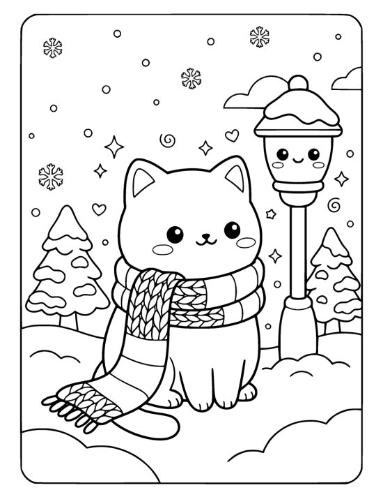 A chibi cat wrapped in a very long striped scarf sitting in the snow beside a lamp post on a coloring sheet