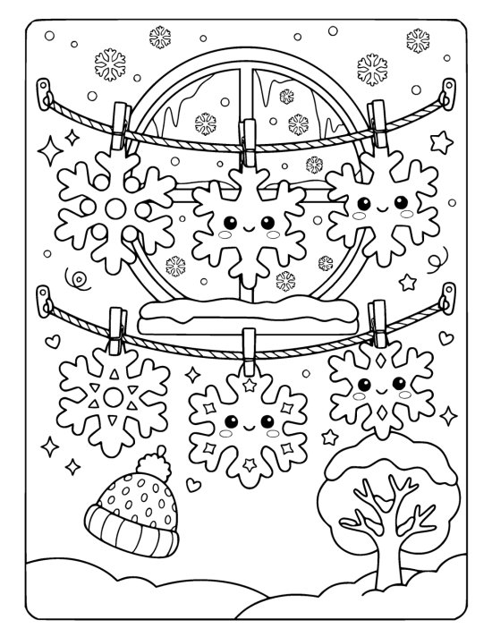 Six big paper snowflakes with cute faces pegged along strings in front of a frosty window on a coloring page