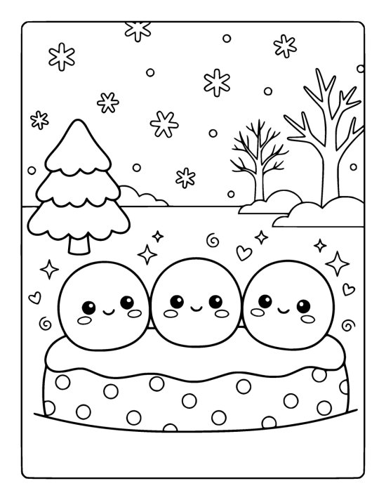 Three plump snowballs with cute faces sitting in a row on a low snow wall in a snowy garden on a coloring sheet