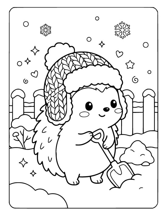 A chibi hedgehog in an earflap hat holding a little snow shovel beside a heap of shovelled snow on a coloring page