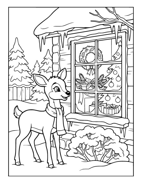 Deer in a scarf looking in at a decorated room through a frosted cottage window on a coloring sheet