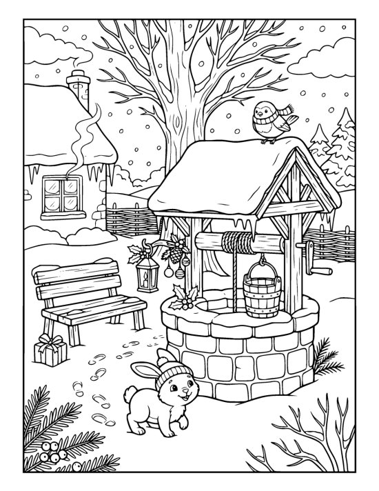 Stone well with a peaked roof and a bucket on a rope in a snowy yard with a rabbit and a robin on a coloring page