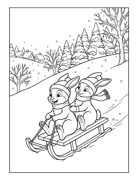 Two rabbits in hats and scarves riding a wooden sled down a snowy hill past pines on a coloring sheet