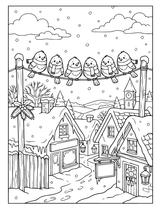 Six small birds in scarves perched along a snowy wire above village rooftops on a coloring page