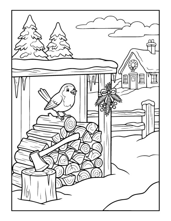 Stacked woodpile under a lean to roof with a robin on the top log and an axe in a chopping block on a coloring sheet