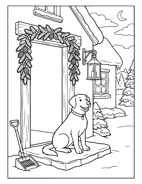 Dog sitting on a snowy step under a doorway hung with a pinecone garland and a lantern on a coloring page
