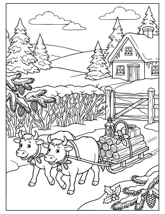 Two oxen in harness hauling a sledge stacked with logs and parcels along a snowy track on a coloring sheet