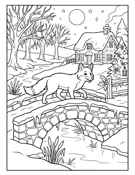Fox crossing a low stone bridge over a frozen stream with a lit cottage behind on a coloring page