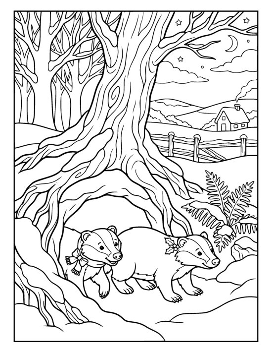 Two badgers looking out from a burrow under the twisted roots of a big tree in the snow on a coloring sheet