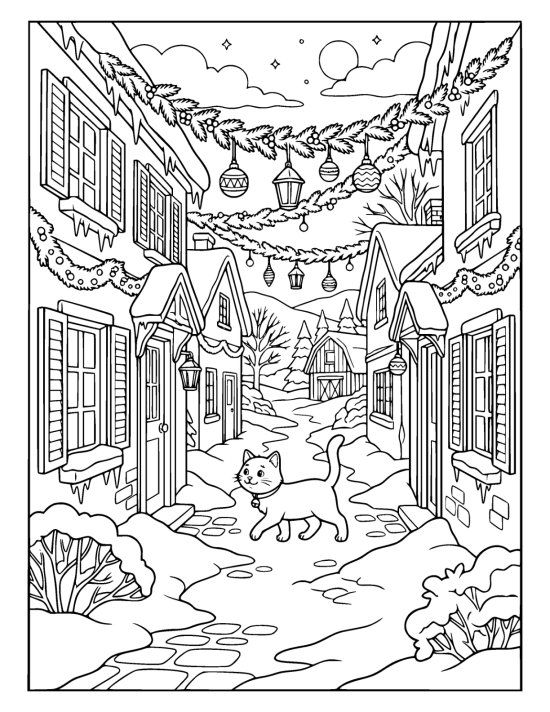 Narrow alley between cottages strung with garlands, baubles and lanterns with a cat walking down it on a coloring page