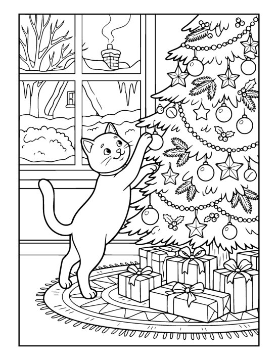 Cat reaching up to bat a low bauble on a decorated tree with wrapped boxes below on a coloring sheet