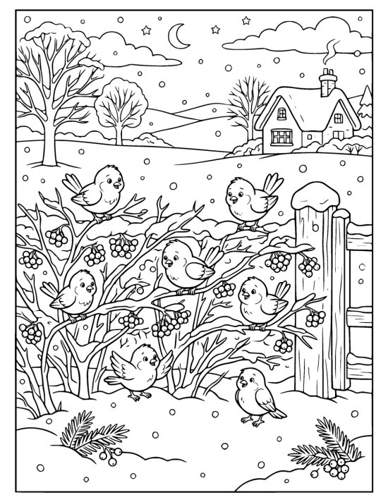 Seven small birds spread through a snowy hedge heavy with berries beside a gate post on a coloring page