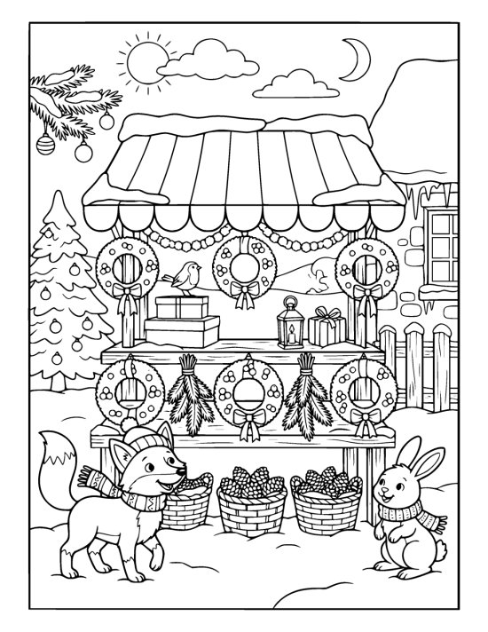 Trestle stall under a striped awning hung with wreaths and greenery with baskets of pinecones below on a coloring sheet