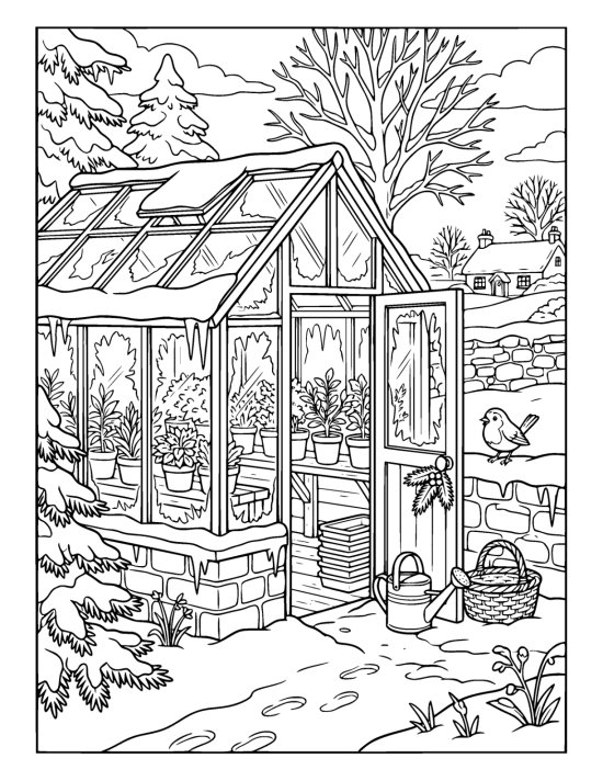 Small glass greenhouse in a snowy garden with pots of greenery inside and a robin on the wall on a coloring page