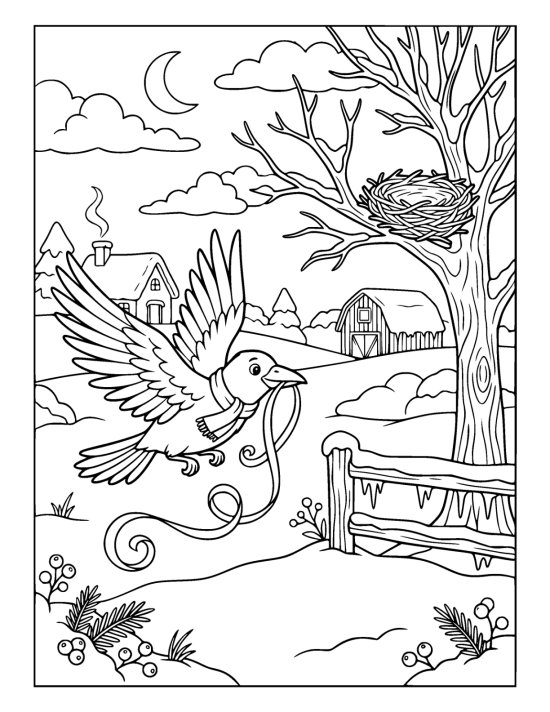 Crow flying low over a snowy field with a looped ribbon in its beak toward a nest in a bare tree on a coloring sheet