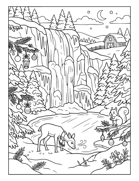 Frozen waterfall hanging in thick columns of ice with a deer drinking below and a squirrel on a branch on a coloring page