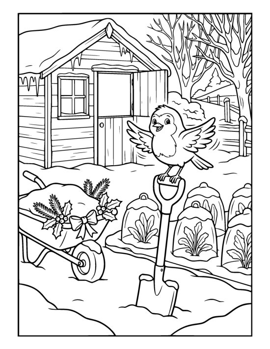 Robin on the handle of a spade in a snowy vegetable patch with cloches and a wheelbarrow on a coloring sheet