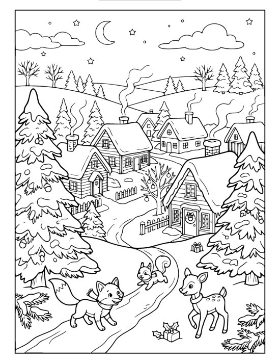 View from a hilltop down onto a snowy village with smoke rising, with a fox, a squirrel and a deer below on a coloring page