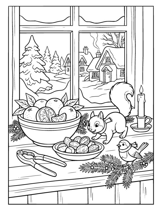 Bowl of clementines and a dish of nuts on a windowsill with a squirrel, a bird and a candle on a coloring sheet
