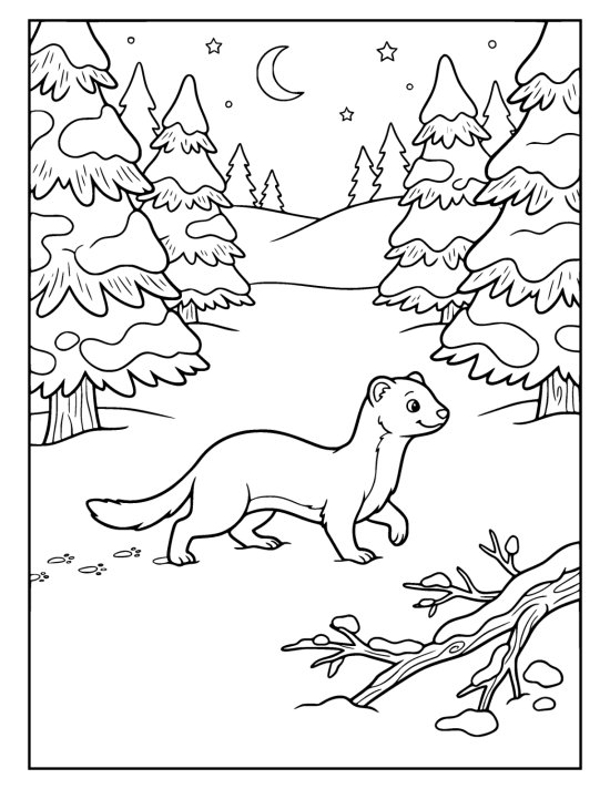 Stoat in its white winter coat crossing an open snowy clearing with tracks behind it and tall pines around on a coloring page