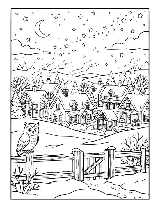 Whole village asleep at midnight under a wide starry sky with snow on every roof and one lit window on a coloring sheet